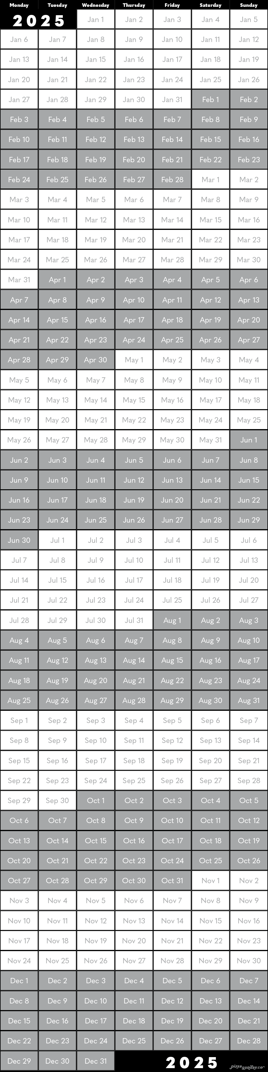 2025 Calendar: 6 x 24in (Weekly)
