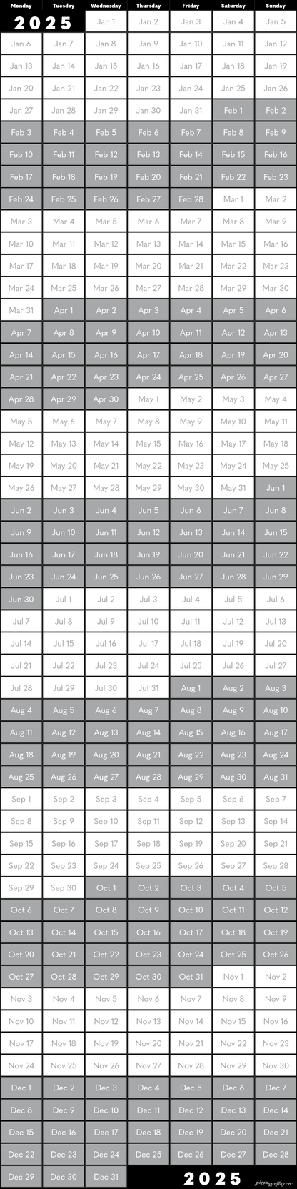 2025 Calendar: 6 x 24in (Weekly)