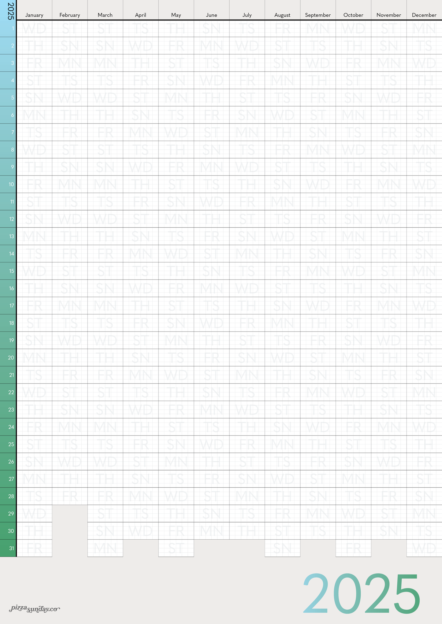 2025 Calendar: 17 x 24in (Monthly)